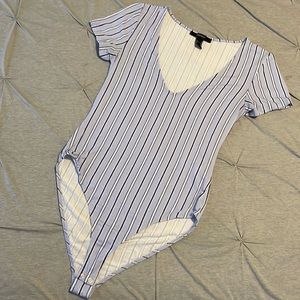 Blue, white, black striped bodysuit